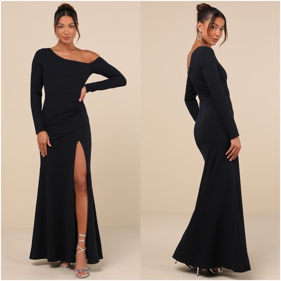 LULU’S Elegant Sensation Navy Blue Asymmetrical Pleated Maxi Dress - Picture 1 of 5